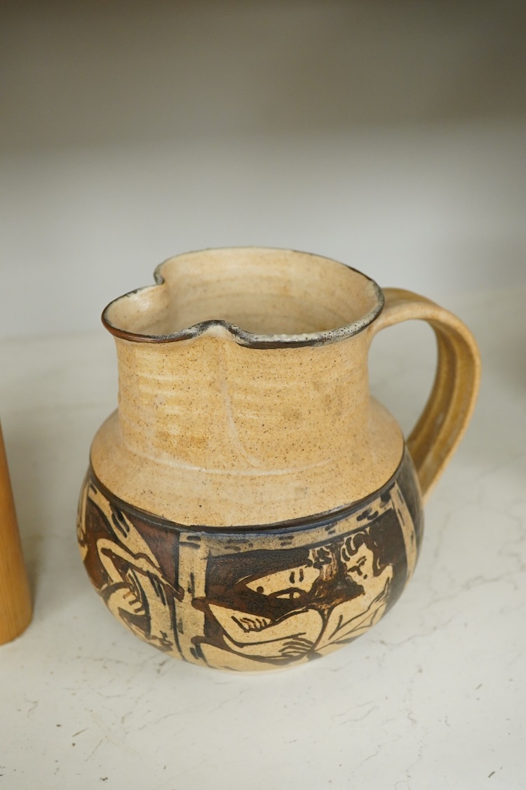 Yolande Beer (Sussex, contemporary), two Studio pottery vessels to include a vase in the form of a basket decorated with fish, largest